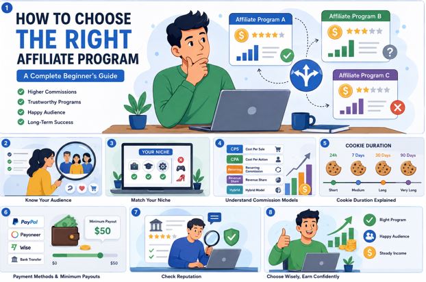 Professional illustration showing a marketer comparing multiple affiliate programs on a laptop before choosing the best one.