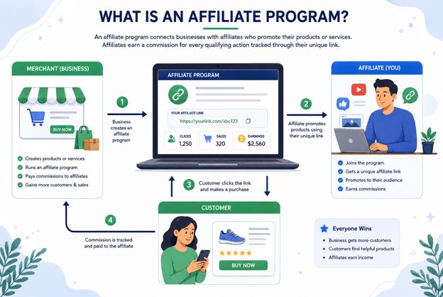 Illustration showing how affiliate marketing connects merchants, affiliates, and customers through tracked referral links.