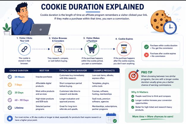 Illustration showing how different affiliate cookie durations affect commission tracking over time.