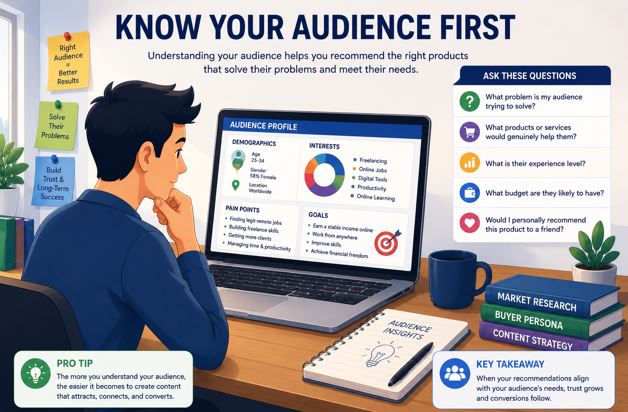 Illustration showing a website owner analyzing audience interests before selecting affiliate products.